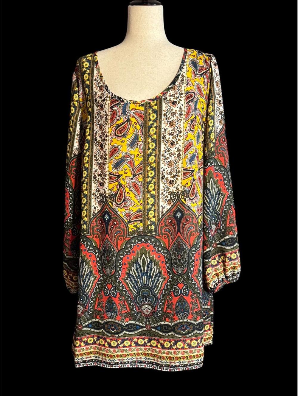 Bohemian Style Long Sleeve Tunic Dress with Paisley Print